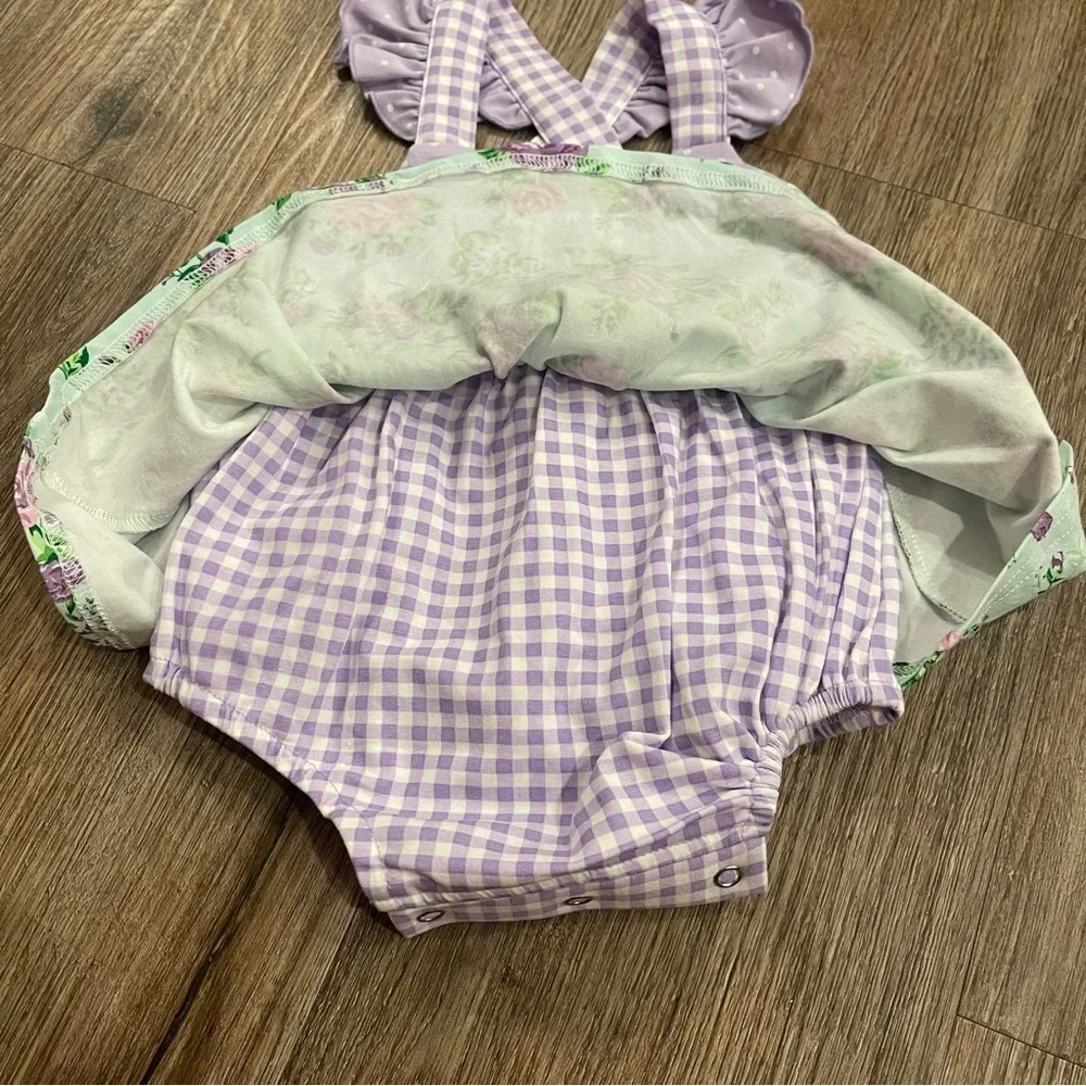 Serendipity Romper Baby Girl Sz Newborn Pastel Purple Mint Floral Gingham Girly